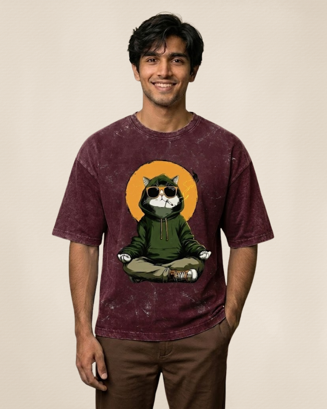 Ownfit Acid Washed Oversized Tee Maroon : Chill Cat