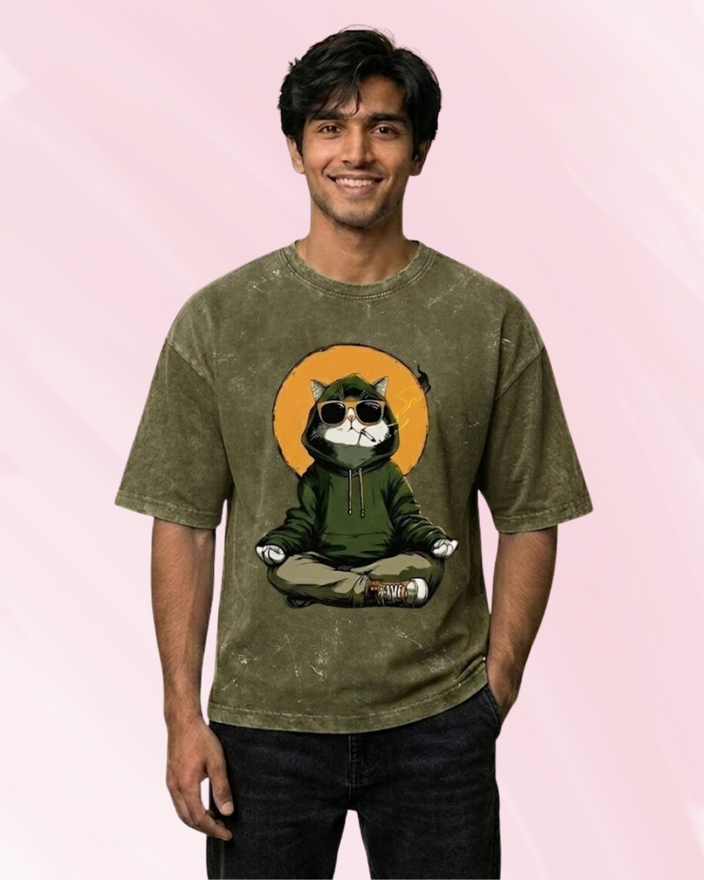 Ownfit Acid Washed Oversized Tee Olive Green : Chill Cat