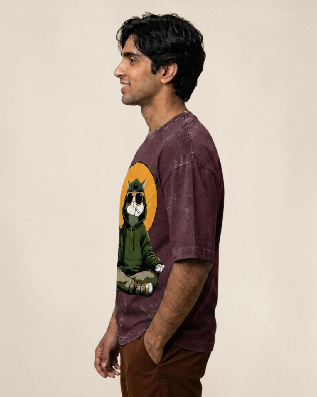 Ownfit Acid Washed Oversized Tee Maroon : Chill Cat