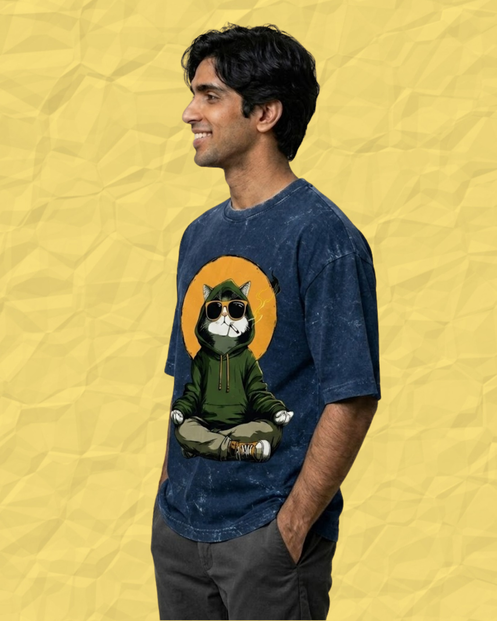 Ownfit Acid Washed Oversized Tee Navy Blue : Chill Cat