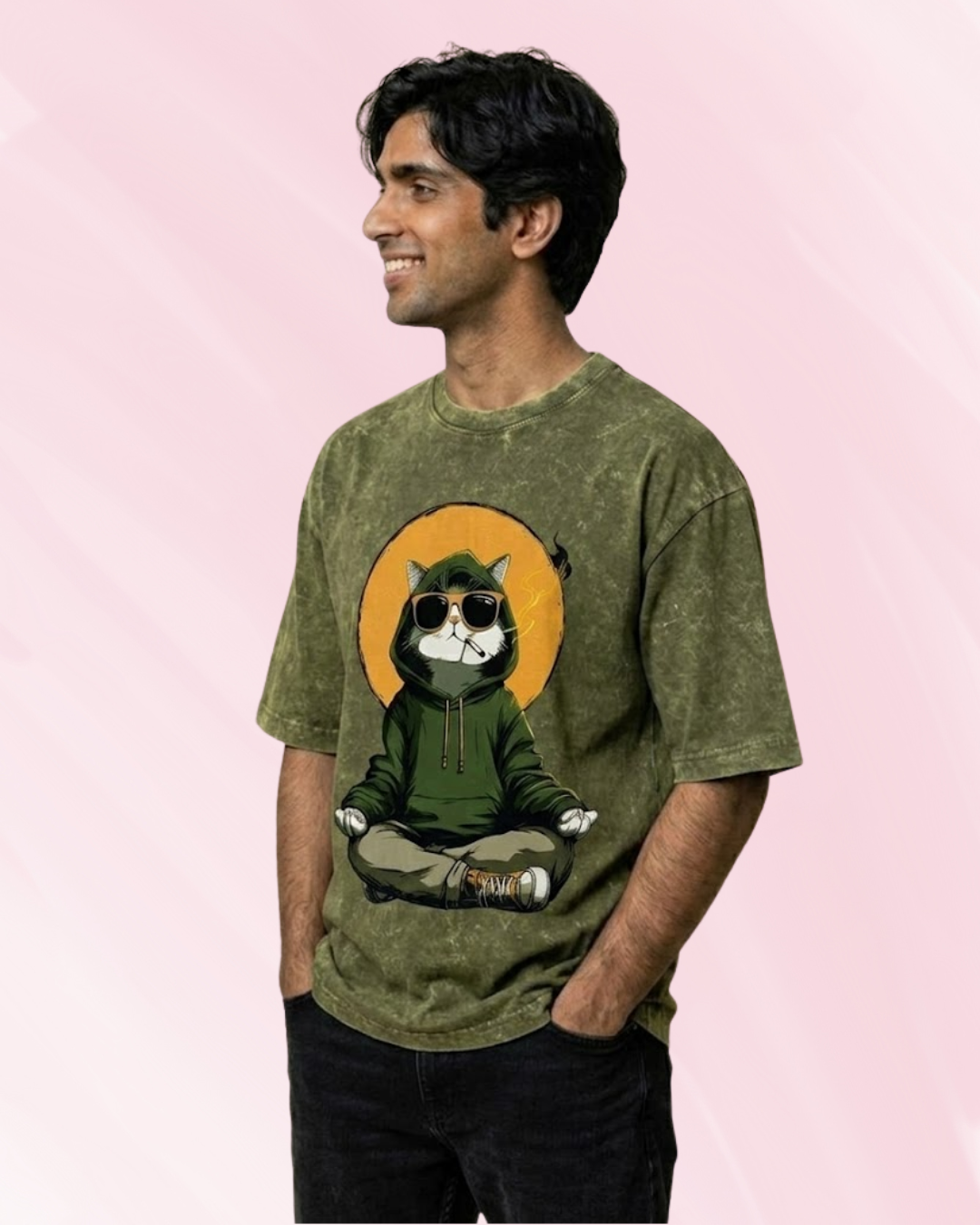 Ownfit Acid Washed Oversized Tee Olive Green : Chill Cat